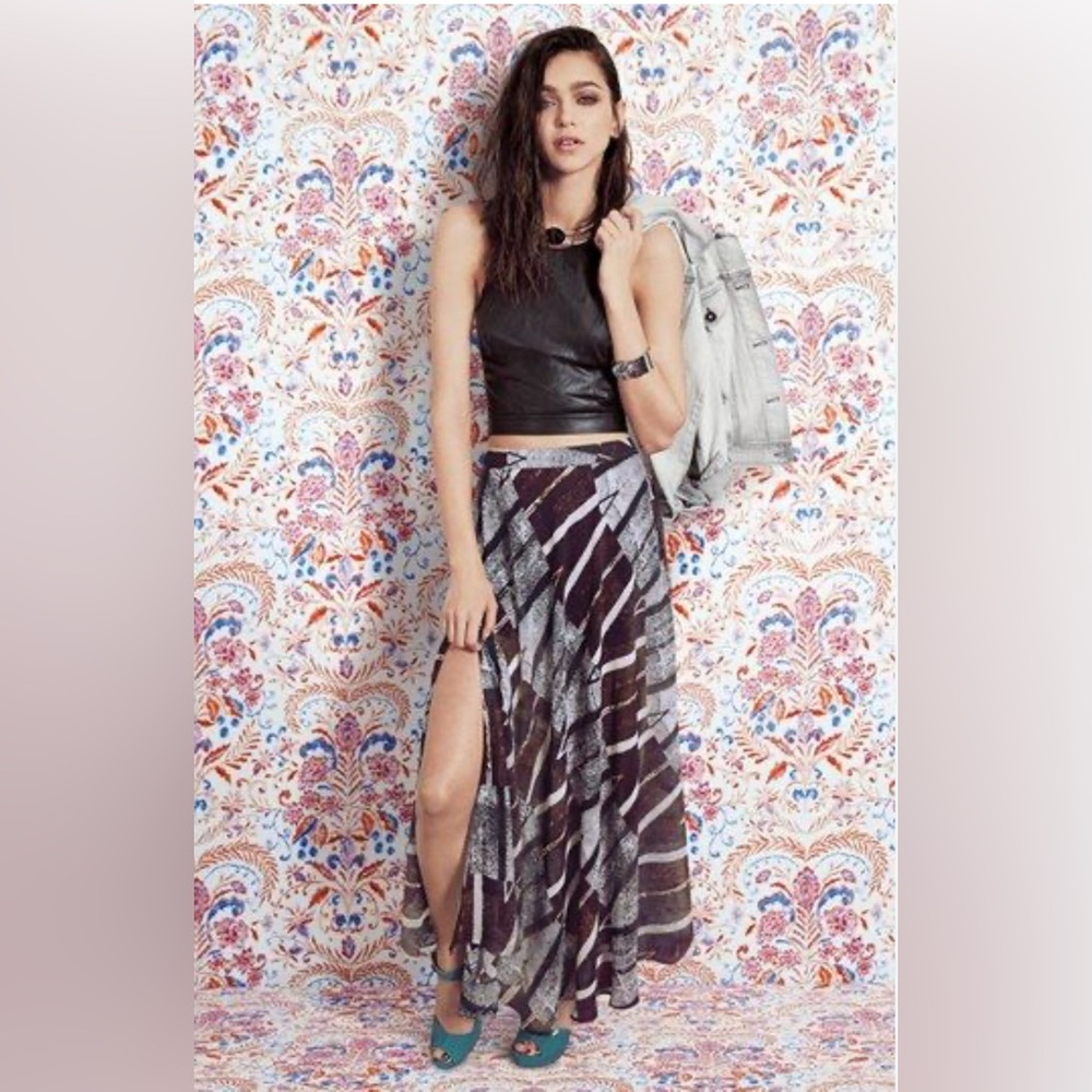 ASTR  Black Brown Asymmetrical A-Line Maxi Skirt